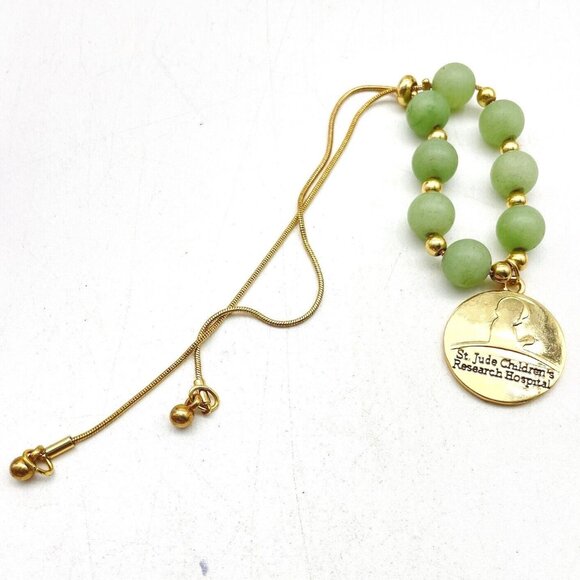 ST JUDE CHILDRENS HOSPITAL Bracelet Tumbled Green Stone Slide Closure Gold Tone - Picture 1 of 7